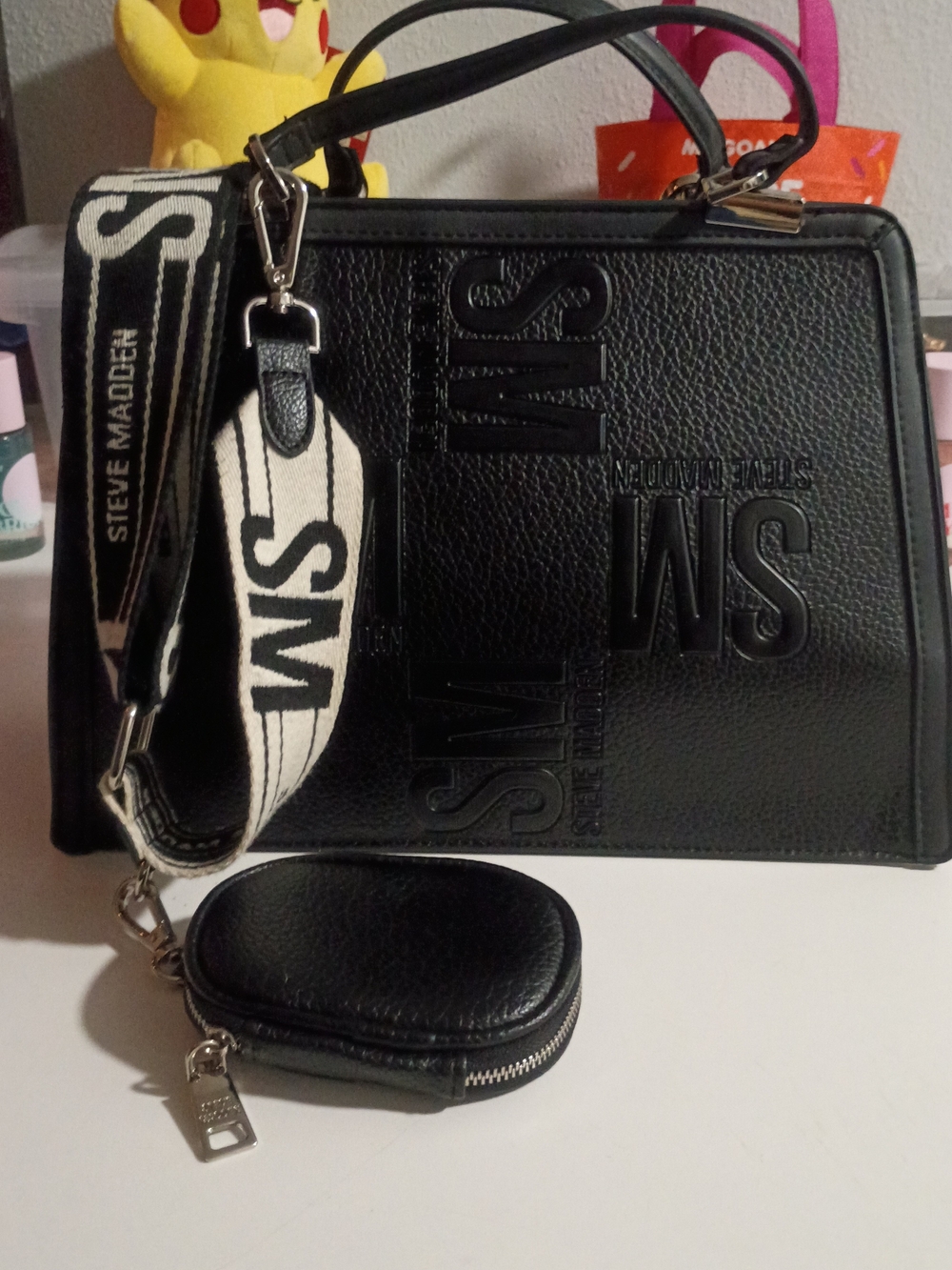 Steve Madden Black Embossed Leather Satchel with Removable Strap